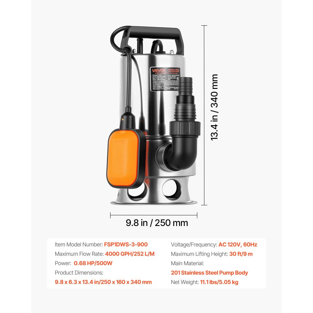 VEVOR 0.68 HP Submersible Sump Pump, 4000 GPH, Stainless Steel Submersible Sewage Dirty Clean Water Pump with Automatic Float Switch, Long Cord, 30 ft Max Lift, for Pools, Garden, Flooded Basement