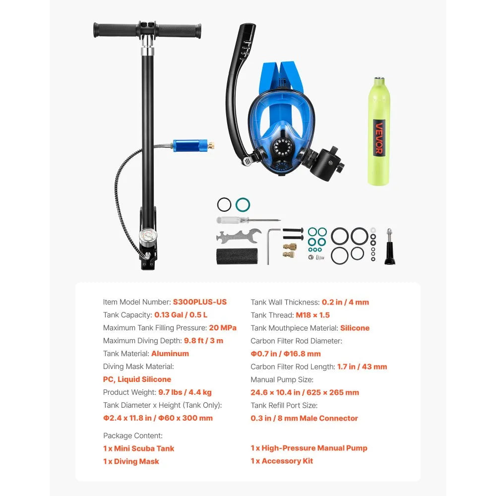 VEVOR Mini Scuba Tank with Sub-Mask, 0.5L Portable Diving Tank for Underwater Breathing, Reusable Lung Diving Cylinder up to 10 Minutes Dive Time, Emergency Rescue Pony Bottle with Pump for Snorkeling