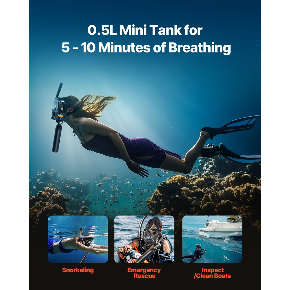 VEVOR Scuba Tank, 0.5L Portable Diving Tank, Diving Oxygen Cylinder Support 5-10 Minutes Underwater Breathing, 32.81 ft Diving Depth, Refillable Snorkel Air Tank Kit for Underwater Exploration Rescue