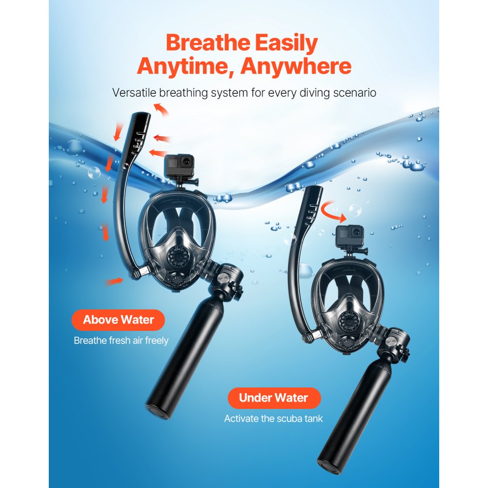 VEVOR Scuba Tank, 0.5L Portable Diving Tank, Diving Oxygen Cylinder Support 5-10 Minutes Underwater Breathing, 32.81 ft Diving Depth, Refillable Snorkel Air Tank Kit for Underwater Exploration Rescue