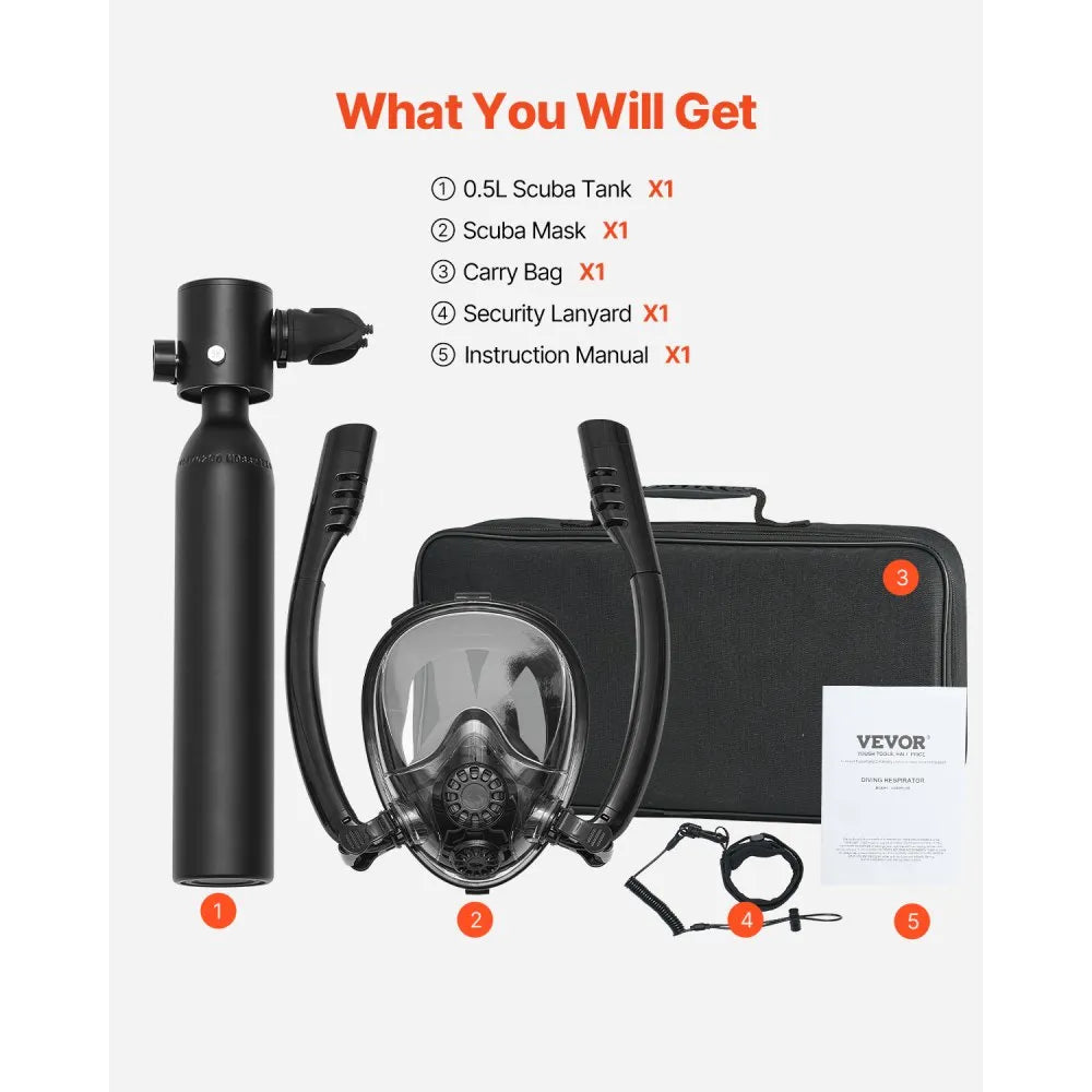 VEVOR Scuba Tank, 0.5L Portable Scuba Diving Tank, Diving Oxygen Cylinder Supports 5-10 Minutes Underwater Breathing, 98.43 ft Diving Depth, Lung Tank Kit with Snorkel Mask for Underwater Exploration