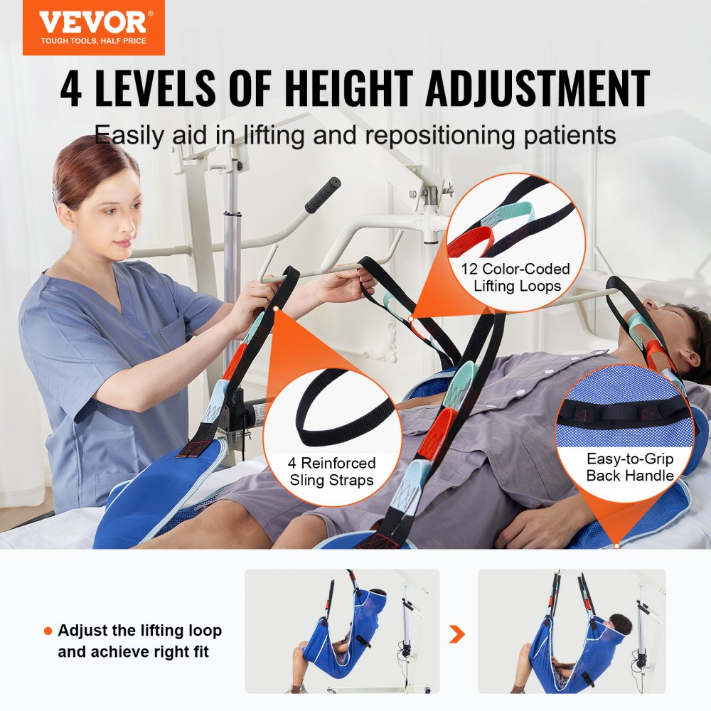 VEVOR Universal Full Body Patient Lift Sling - Large, Patient Lift Medical Sling for Easy Transfer and Bathing, Polyester Patient Aid Transfer Sling for Elderly, Disabled, Bedridden, 500LBS Capacity