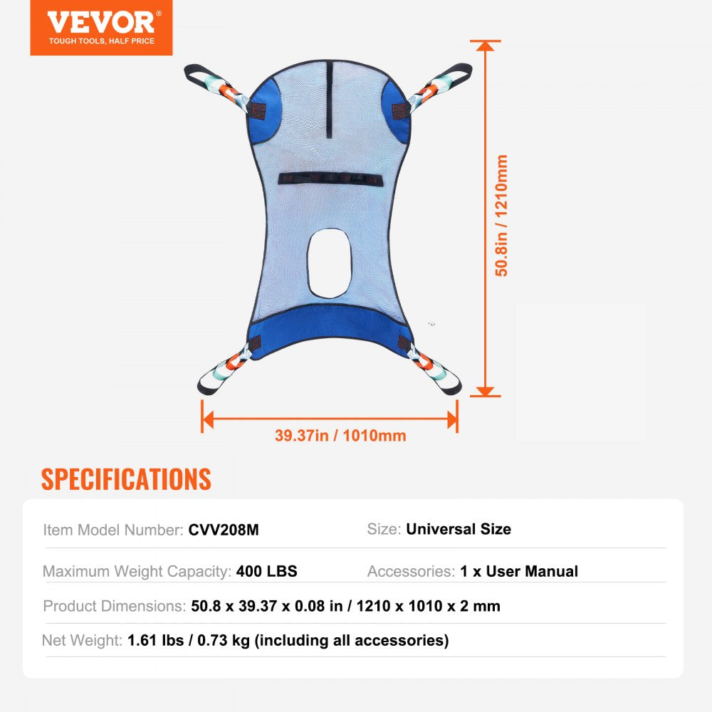 VEVOR Full Body Patient Lift Sling with Commode Opening, Patient Lift Medical Sling for Safe Bathing & Toileting, Polyester Patient Aid Commode Sling for Elderly, Bariatric Disabled Bedridden, 400LBS
