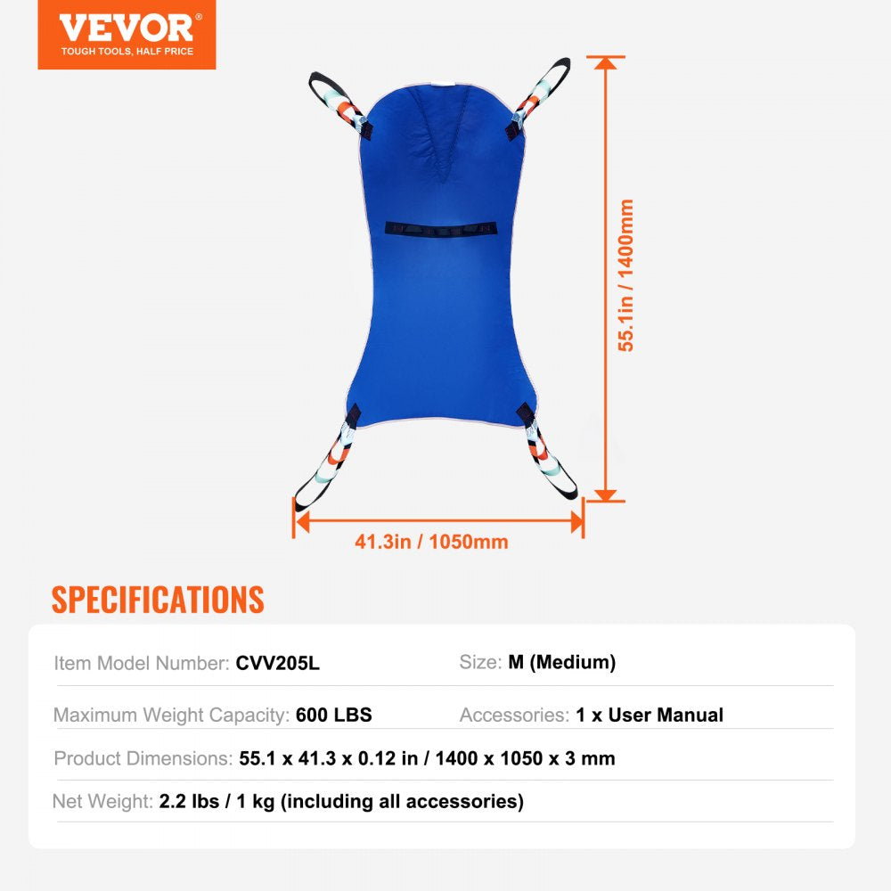 VEVOR Universal Full Body Patient Lift Sling - Medium, Patient Lift Medical Sling for Easy Transfer and Bathing, Polyester Patient Aid Transfer Sling for Elderly, Disabled, Bedridden, 600LBS Capacity