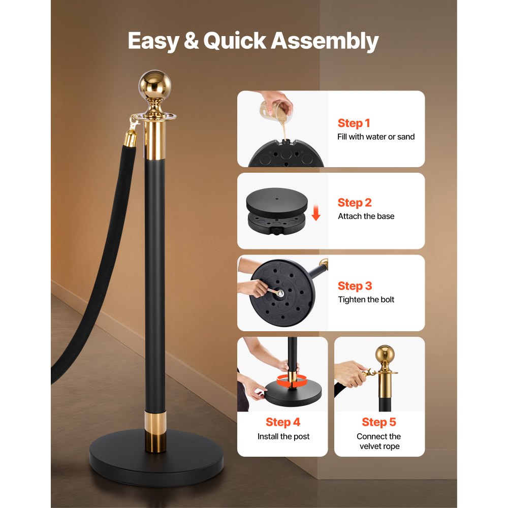 VEVOR Stanchion Post, 8 Pcs Crowd Control Barrier Set with 6 Black Velvet Ropes, Heavy Duty Stainless Steel Stanchion Post Queue with Hollow Base for Theater, Party, Wedding, Exhibition, Event (Black)