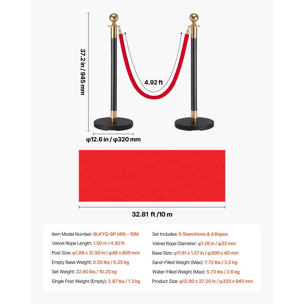 VEVOR Stanchion Post, 6 Pcs Crowd Control Barrier Set with Red Carpet, 4 Red Velvet Ropes, Stainless Steel Gold Stanchion Post Queue with Hollow Base for Theater, Party, Wedding, Exhibition (Black)