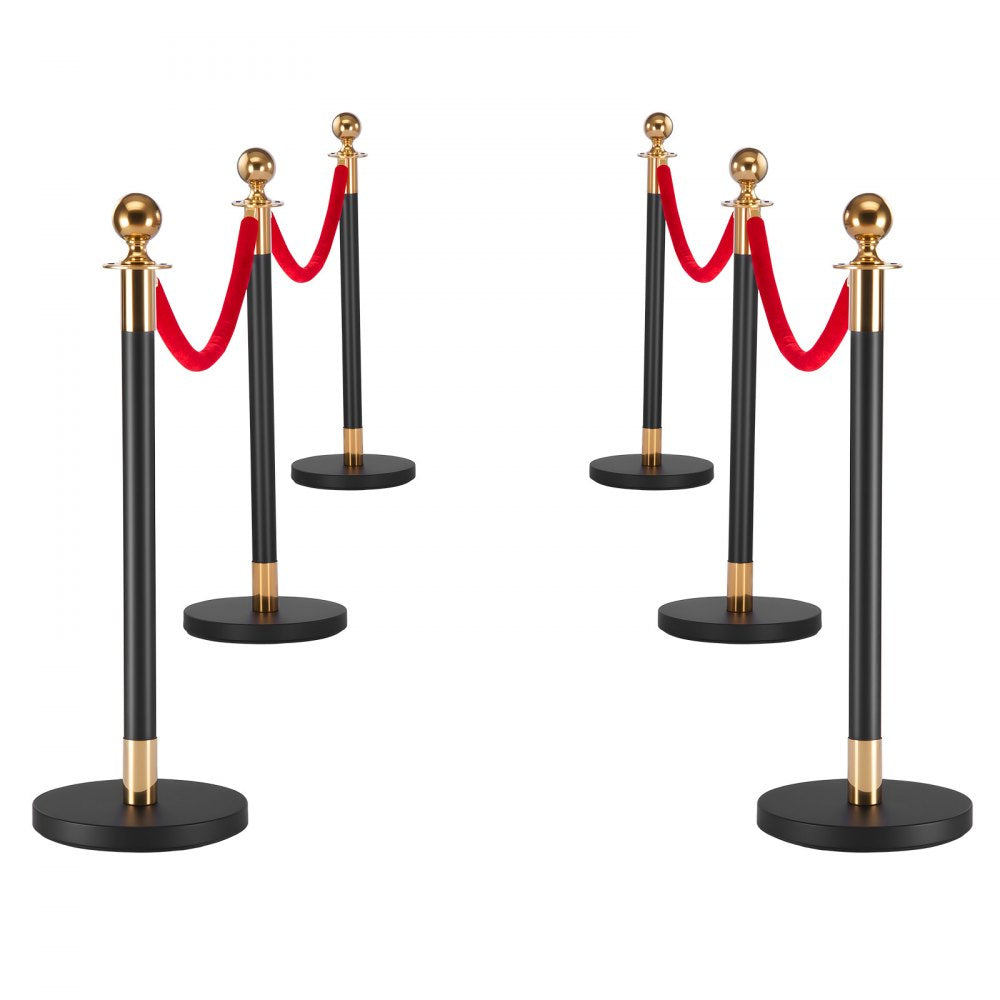VEVOR Stanchion Post, 6 Pcs Crowd Control Barrier Set with Red Carpet, 4 Red Velvet Ropes, Stainless Steel Gold Stanchion Post Queue with Hollow Base for Theater, Party, Wedding, Exhibition (Black)