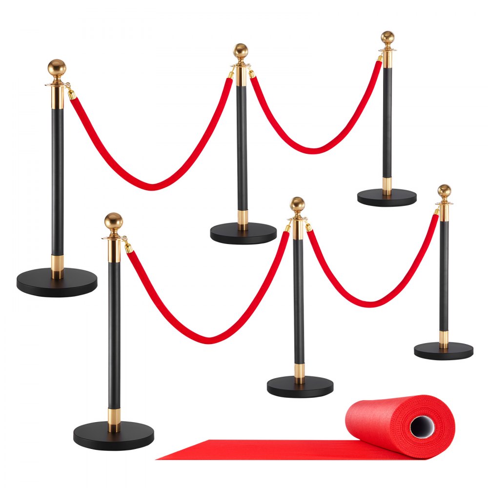 VEVOR Stanchion Post, 6 Pcs Crowd Control Barrier Set with Red Carpet, 4 Red Velvet Ropes, Stainless Steel Gold Stanchion Post Queue with Hollow Base for Theater, Party, Wedding, Exhibition (Black)
