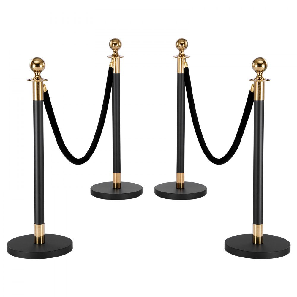 VEVOR Stanchion Post, 4 Pcs Crowd Control Barrier Set with 2 Black Velvet Ropes, Heavy Duty Stainless Steel Stanchion Post Queue with Hollow Base for Theater, Party, Wedding, Exhibition, Event (Black)