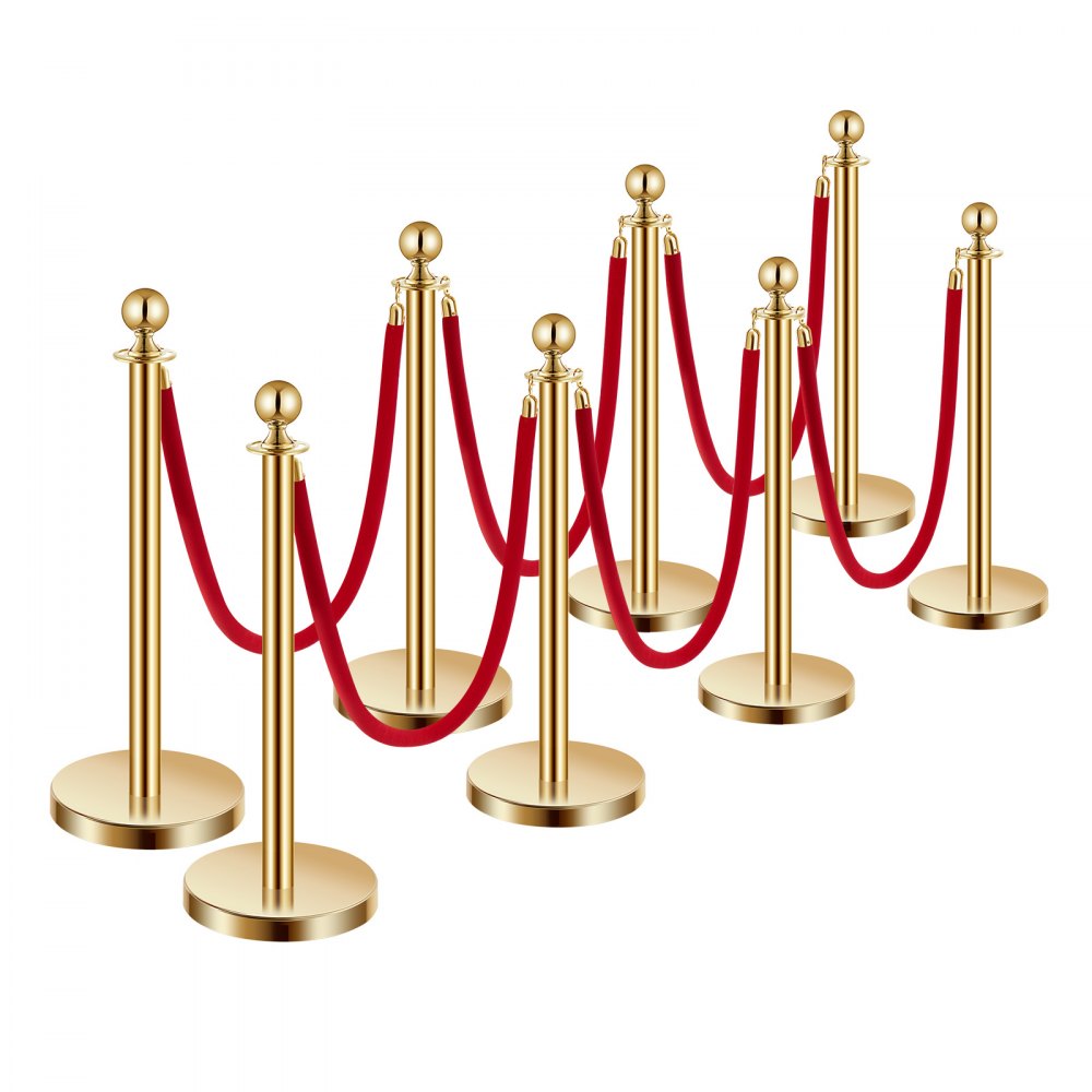 VEVOR Stanchions and Velvet Ropes 8Pcs, Hollow Base with Stainless Steel Post, 6 Red Velvet Ropes and Posts, Crowd Control Barriers Gold Stanchions, Red Carpet Runner Poles for Party Supplies