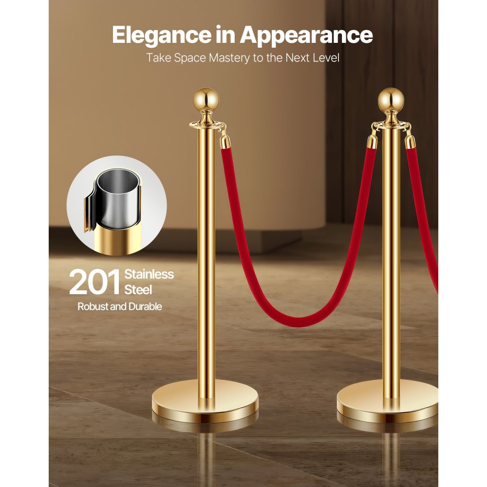 VEVOR Stanchions and Velvet Ropes 4Pcs, Hollow Base with Stainless Steel Post, 3 Red Velvet Ropes and Posts, Crowd Control Barriers Gold Stanchions, Red Carpet Runner Poles for Party Supplies