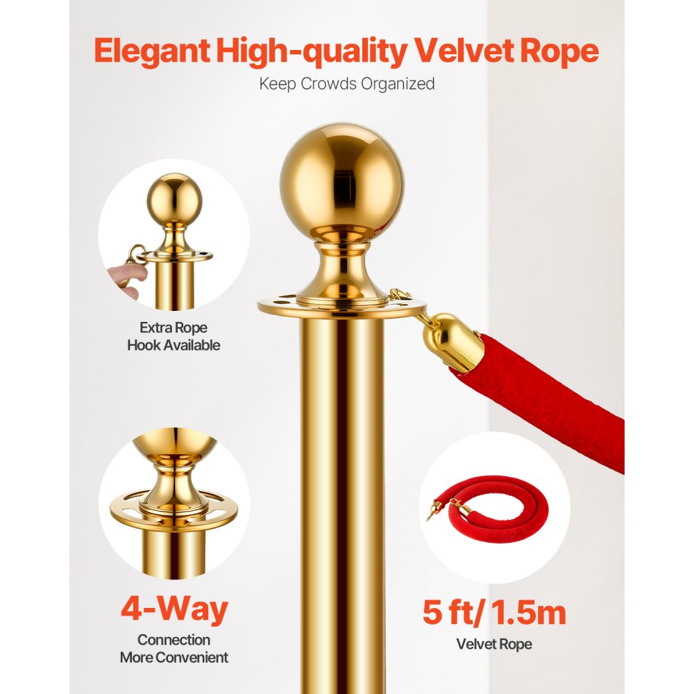VEVOR Stanchions and Velvet Ropes 4Pcs, Hollow Base with Stainless Steel Post, 3 Red Velvet Ropes and Posts, Crowd Control Barriers Gold Stanchions, Red Carpet Runner Poles for Party Supplies