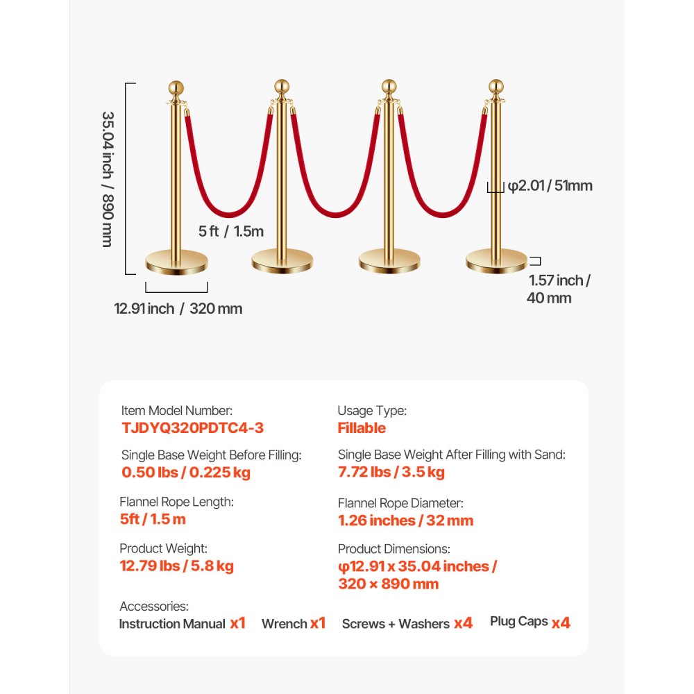VEVOR Stanchions and Velvet Ropes 4Pcs, Hollow Base with Stainless Steel Post, 3 Red Velvet Ropes and Posts, Crowd Control Barriers Gold Stanchions, Red Carpet Runner Poles for Party Supplies