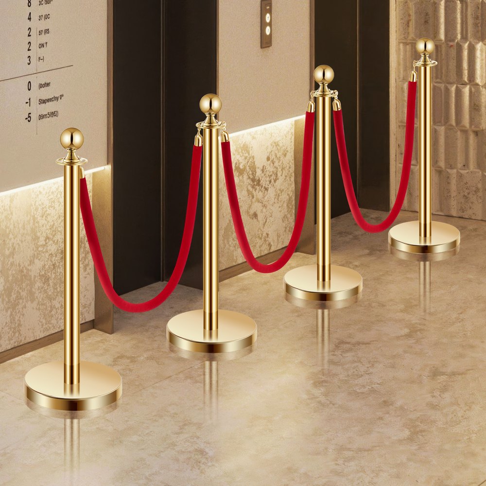 VEVOR Stanchions and Velvet Ropes 4Pcs, Hollow Base with Stainless Steel Post, 3 Red Velvet Ropes and Posts, Crowd Control Barriers Gold Stanchions, Red Carpet Runner Poles for Party Supplies