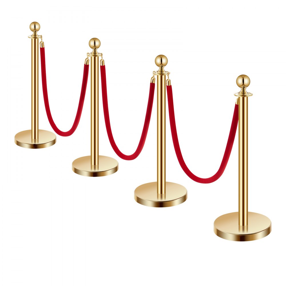 VEVOR Stanchions and Velvet Ropes 4Pcs, Hollow Base with Stainless Steel Post, 3 Red Velvet Ropes and Posts, Crowd Control Barriers Gold Stanchions, Red Carpet Runner Poles for Party Supplies