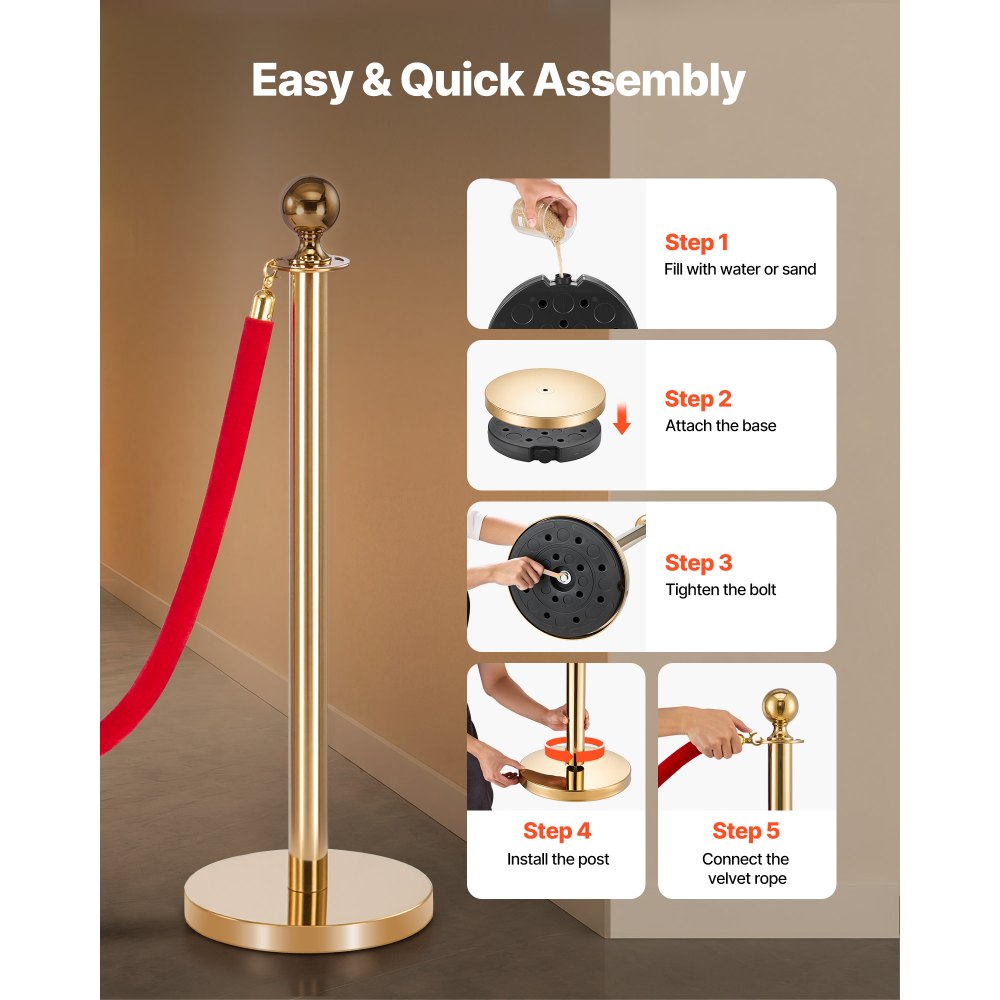 VEVOR Stanchion Post, 8 Pcs Crowd Control Barrier Set with Red Carpet, 6 Red Velvet Ropes, Stainless Steel Gold Stanchion Post Queue with Hollow Base for Theater, Party, Wedding, Exhibition (Gold)