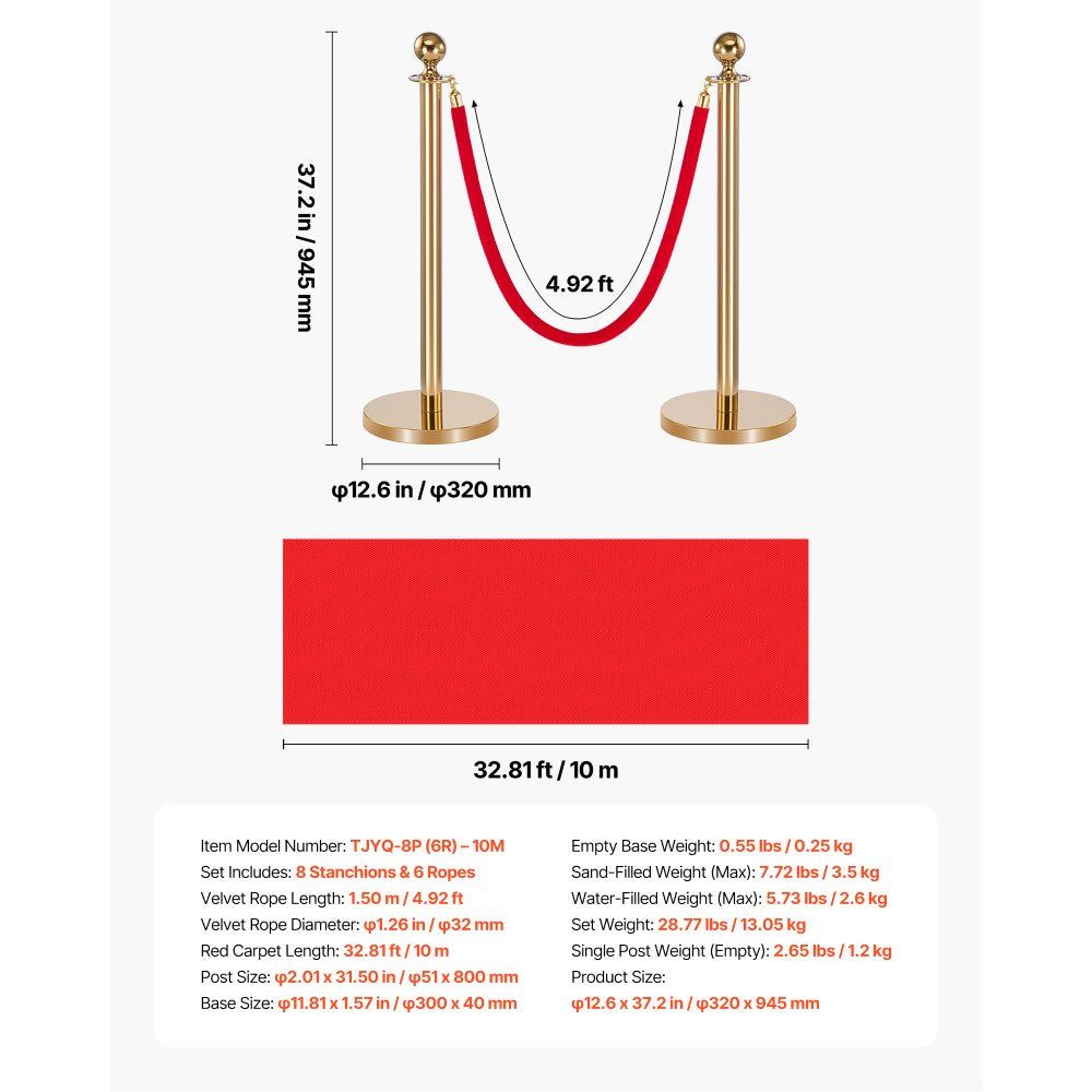 VEVOR Stanchion Post, 8 Pcs Crowd Control Barrier Set with Red Carpet, 6 Red Velvet Ropes, Stainless Steel Gold Stanchion Post Queue with Hollow Base for Theater, Party, Wedding, Exhibition (Gold)