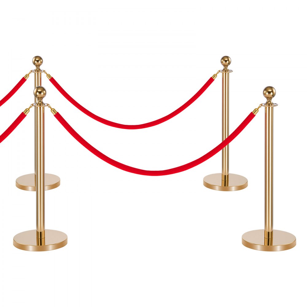 VEVOR Stanchion Post, 8 Pcs Crowd Control Barrier Set with Red Carpet, 6 Red Velvet Ropes, Stainless Steel Gold Stanchion Post Queue with Hollow Base for Theater, Party, Wedding, Exhibition (Gold)