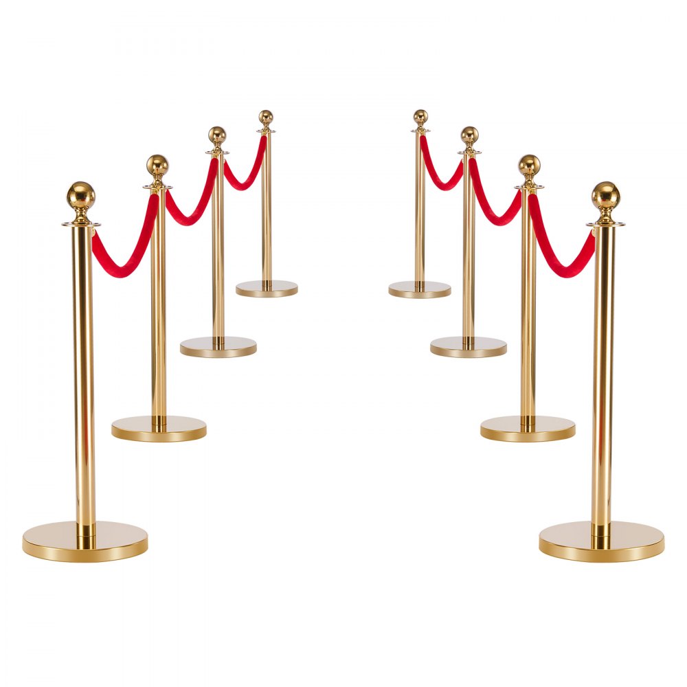 VEVOR Stanchion Post, 8 Pcs Crowd Control Barrier Set with Red Carpet, 6 Red Velvet Ropes, Stainless Steel Gold Stanchion Post Queue with Hollow Base for Theater, Party, Wedding, Exhibition (Gold)