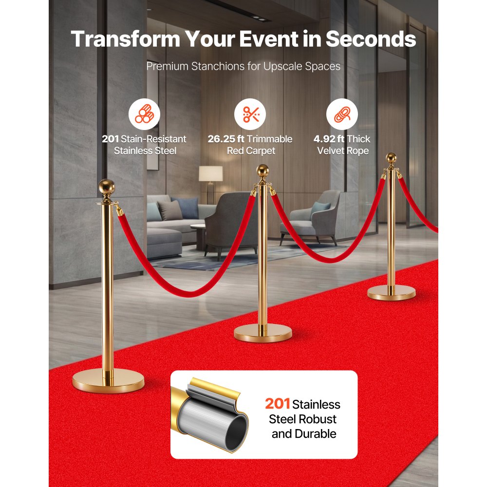 VEVOR Stanchion Post, 6 Pcs Crowd Control Barrier Set with Red Carpet, 4 Red Velvet Ropes, Stainless Steel Gold Stanchion Post Queue with Hollow Base for Theater, Party, Wedding, Exhibition (Gold)
