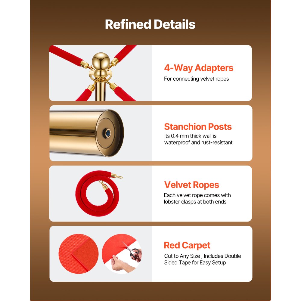 VEVOR Stanchion Post, 6 Pcs Crowd Control Barrier Set with Red Carpet, 4 Red Velvet Ropes, Stainless Steel Gold Stanchion Post Queue with Hollow Base for Theater, Party, Wedding, Exhibition (Gold)