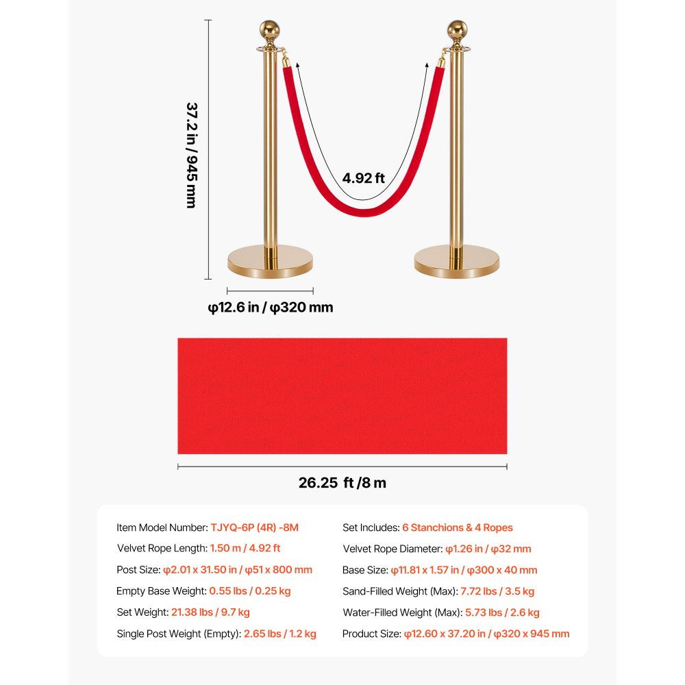 VEVOR Stanchion Post, 6 Pcs Crowd Control Barrier Set with Red Carpet, 4 Red Velvet Ropes, Stainless Steel Gold Stanchion Post Queue with Hollow Base for Theater, Party, Wedding, Exhibition (Gold)