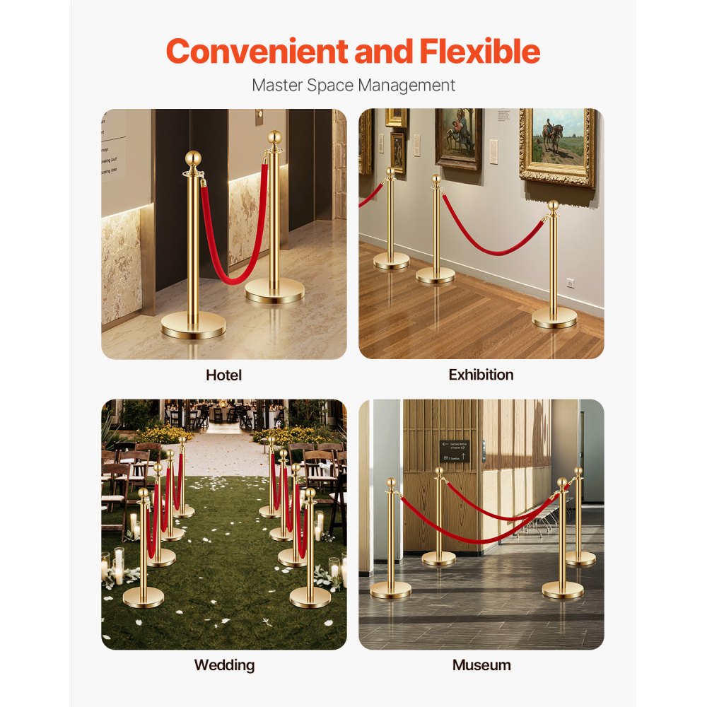 VEVOR Stanchions and Velvet Ropes 4Pcs, Hollow Base with Stainless Steel Post, 2 Red Velvet Ropes and Posts, Crowd Control Barriers Gold Stanchions, Red Carpet Runner Poles for Party Supplies