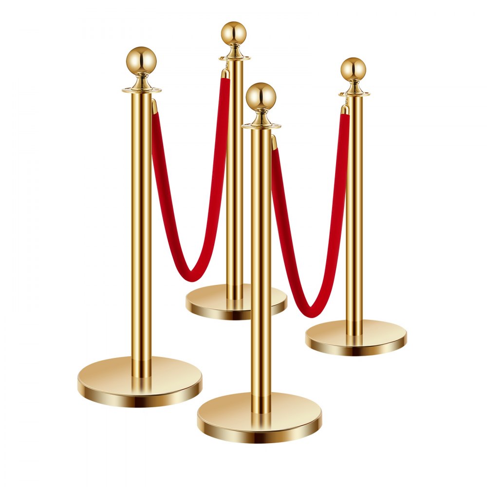 VEVOR Stanchions and Velvet Ropes 4Pcs, Hollow Base with Stainless Steel Post, 2 Red Velvet Ropes and Posts, Crowd Control Barriers Gold Stanchions, Red Carpet Runner Poles for Party Supplies
