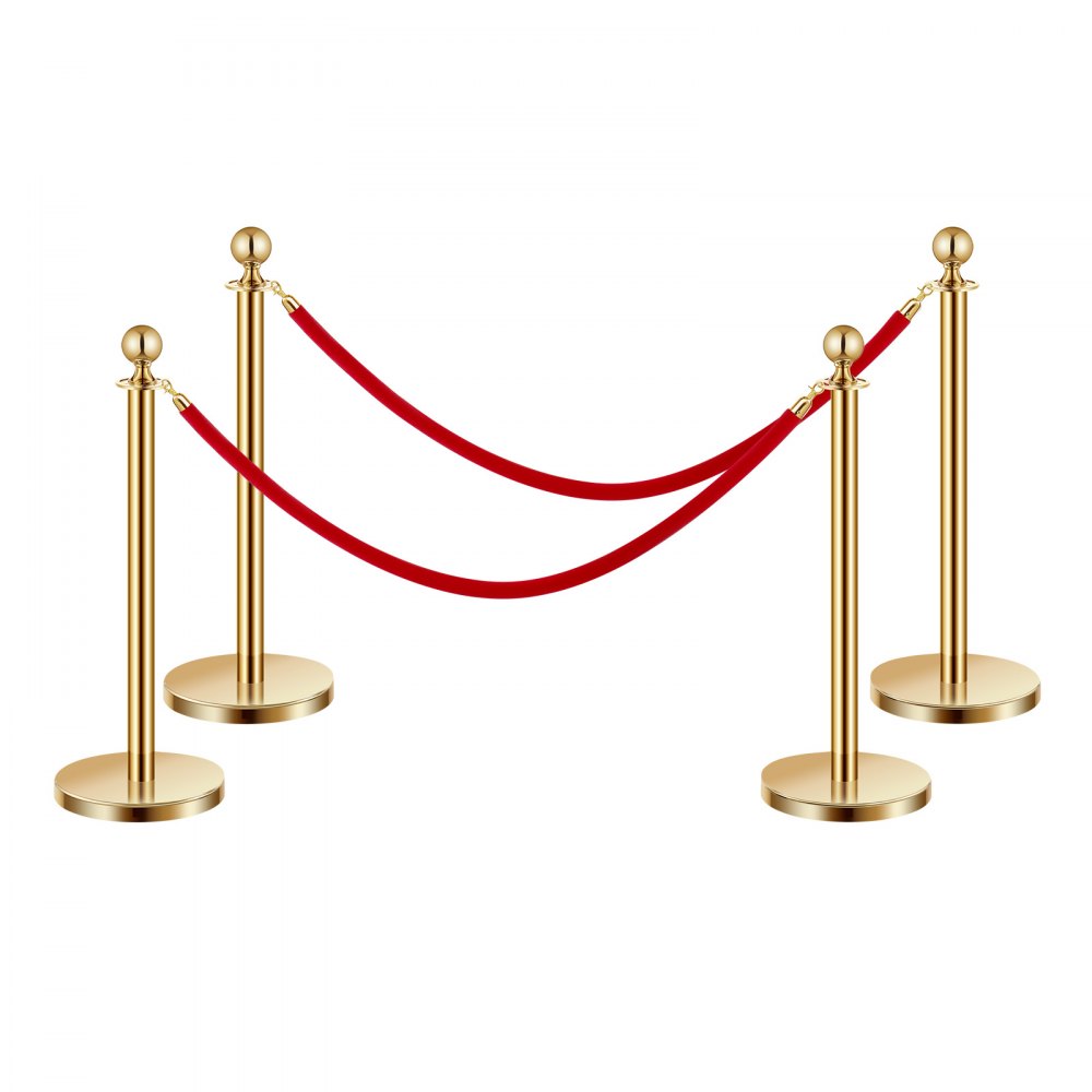 VEVOR Stanchions and Velvet Ropes 4Pcs, Hollow Base with Stainless Steel Post, 2 Red Velvet Ropes and Posts, Crowd Control Barriers Gold Stanchions, Red Carpet Runner Poles for Party Supplies