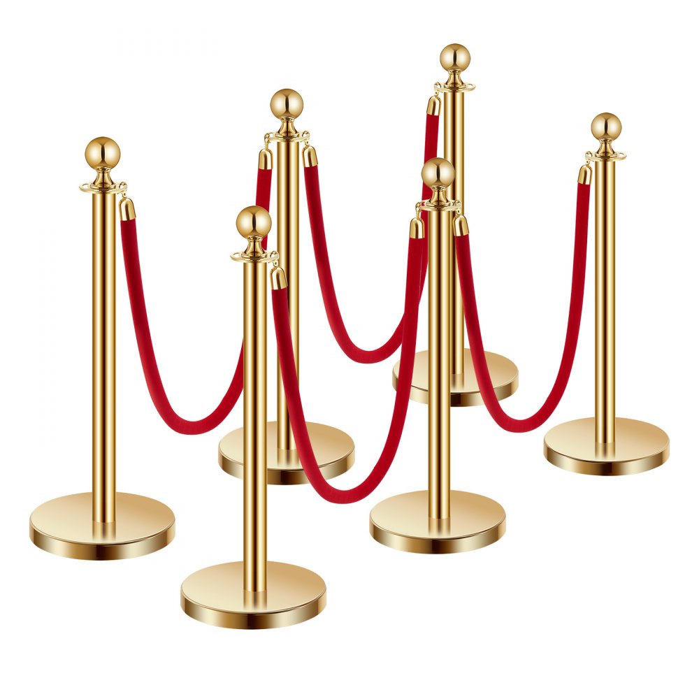 VEVOR Stanchions and Velvet Ropes 6Pcs, Hollow Base with Stainless Steel Post, 4 Red Velvet Ropes and Posts, Crowd Control Barriers Gold Stanchions, Red Carpet Runner Poles for Party Supplies