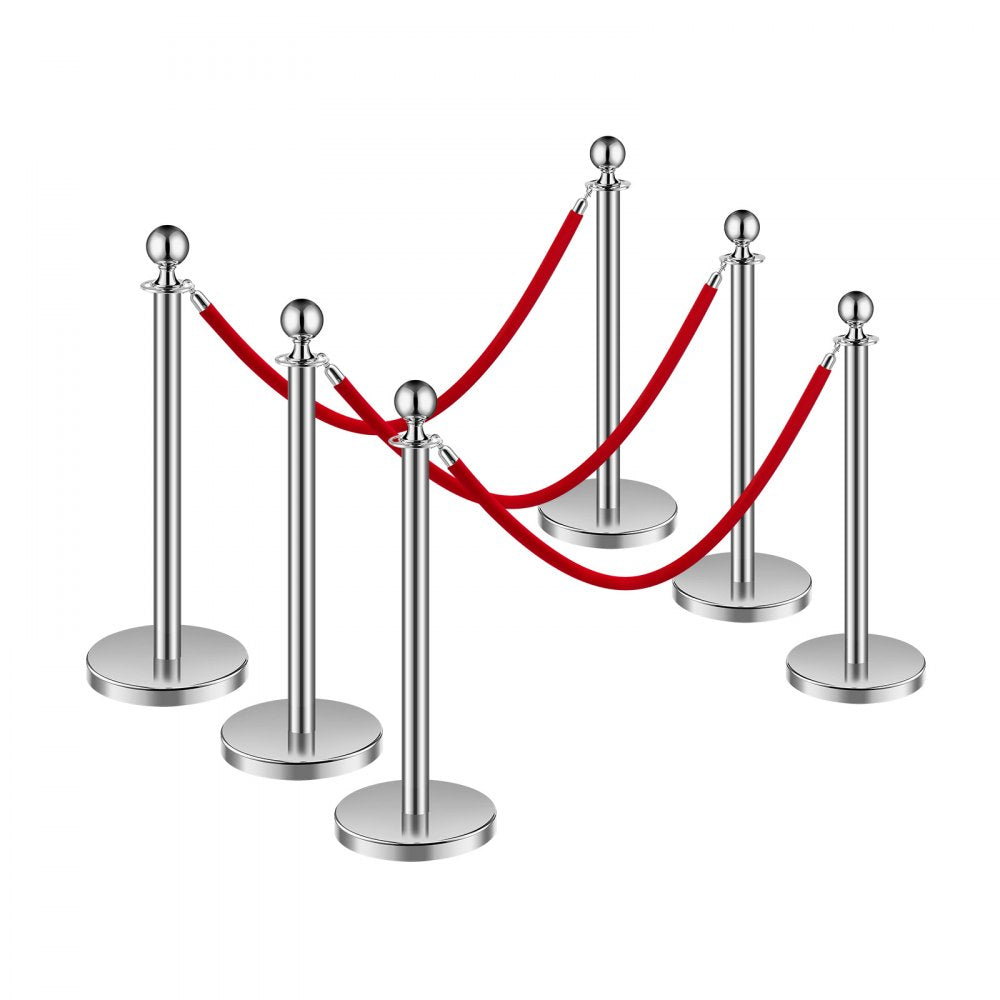 VEVOR Stanchions and Velvet Ropes 6Pcs, Hollow Base with Stainless Steel Post, 3 Red Velvet Ropes and Posts, Crowd Control Barriers Silver Stanchions, Red Carpet Runner Poles for Party Supplies