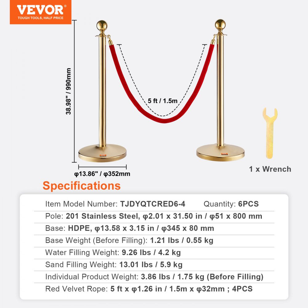 VEVOR Stanchion Post with Velvet Rope, 6-Pack Crowd Control Stanchion with 4PCS 5FT Red Velvet Ropes, Stainless Steel Queue Barrier Line Divider with Fillable Base & Ball Top for Wedding Museum Party