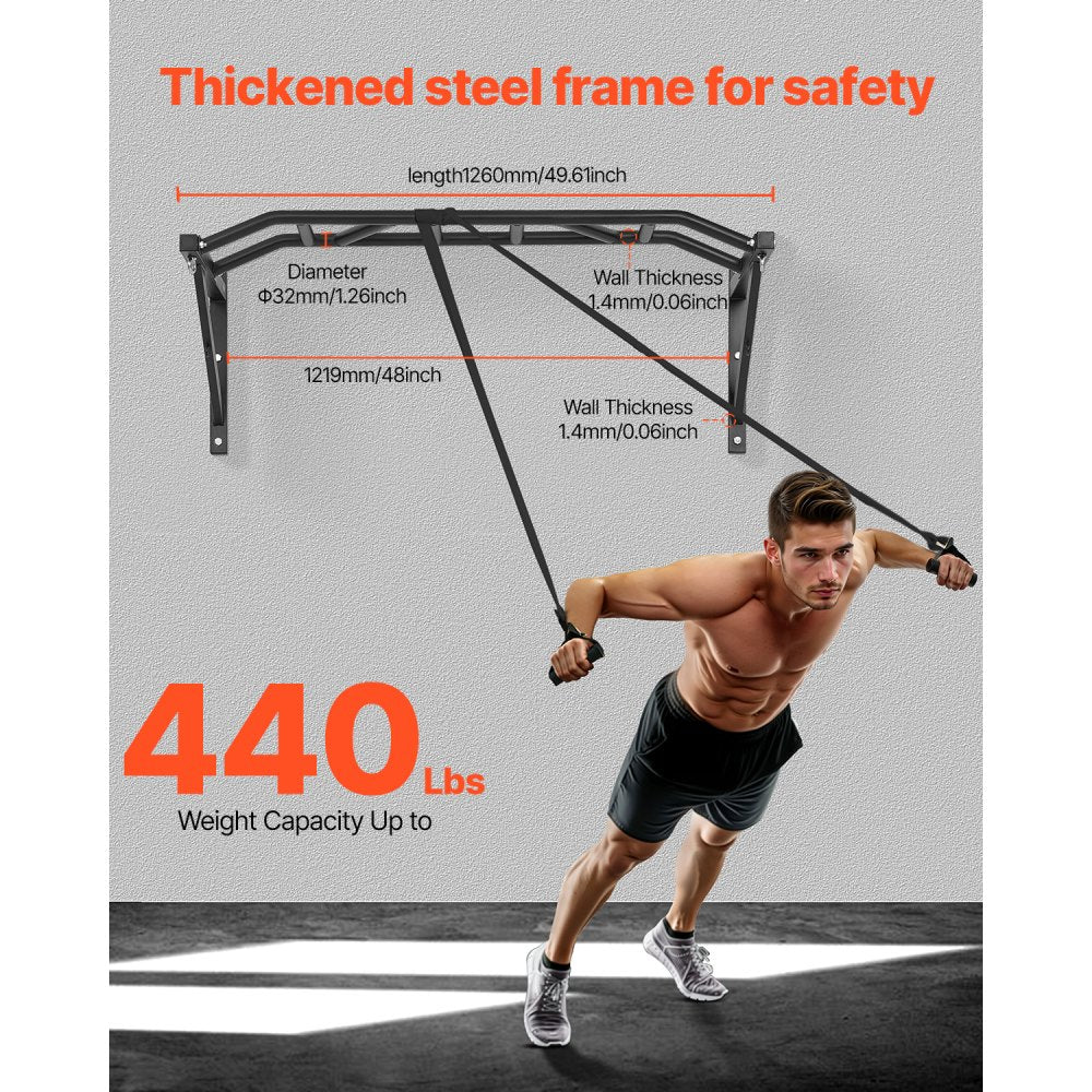 VEVOR Pull Up Bar, Multi-Grip Wall Mounted Pull Ups, 50 in Width Multifunctional Chin Up Training Station, Heavy Duty Steel Upper Body Workout Bars with Hangers, 440 lbs Weight Capacity, for Home Gym