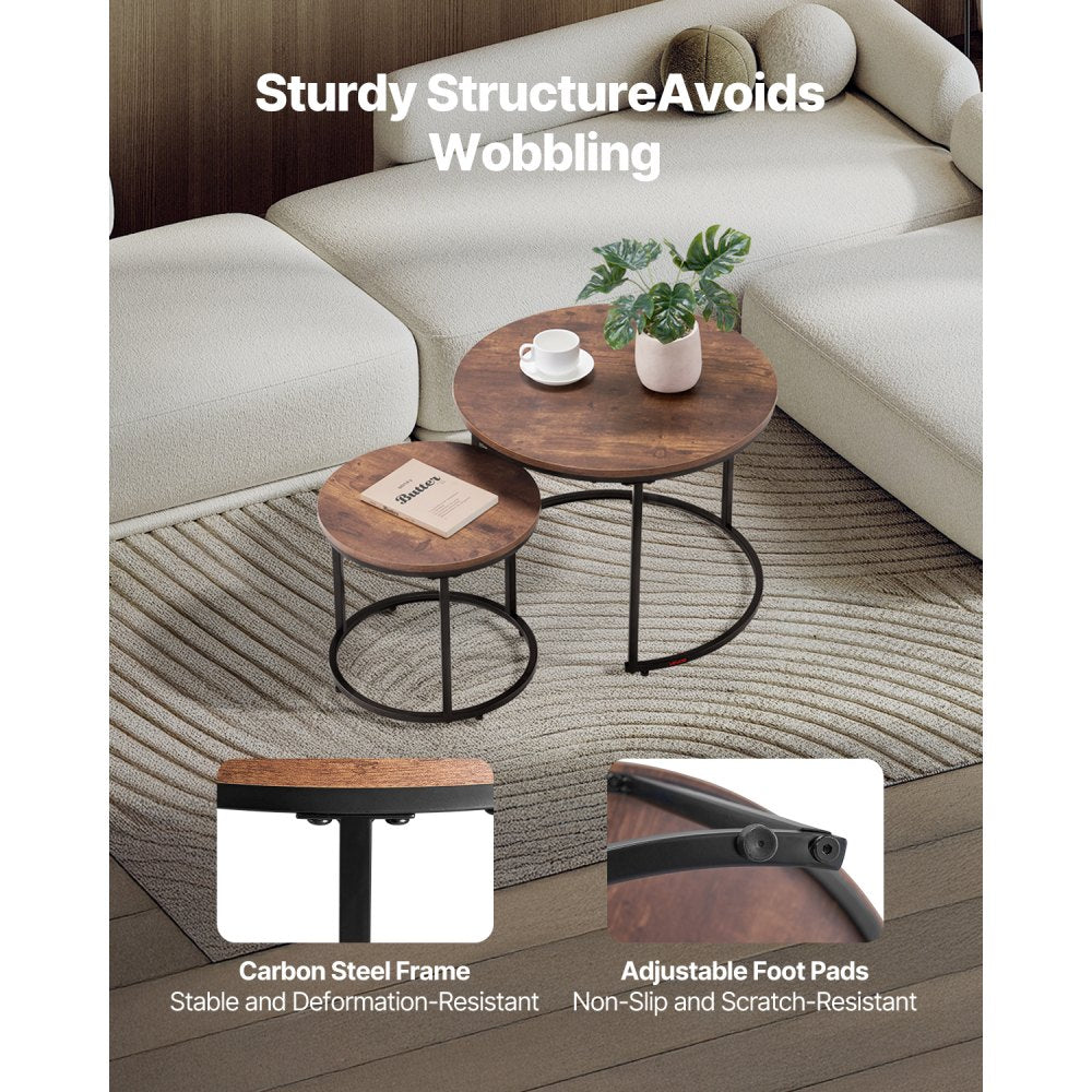 VEVOR Nesting Coffee Table Set of 2, 23.6 in Round Coffee Table, Nesting Tables for Small Place, End Side Tables Night Stand with Metal Frame, for Living Room, Bedroom, Office (Vintage Brown & Black)