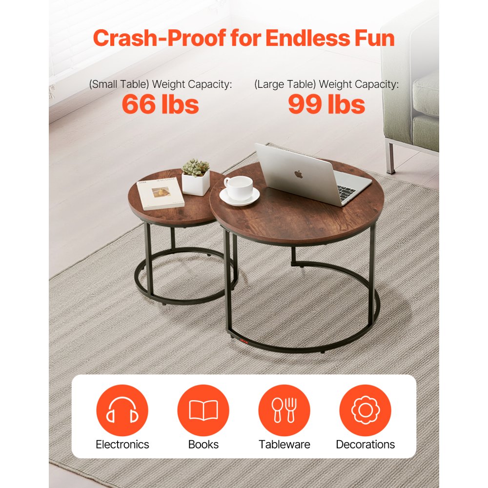 VEVOR Nesting Coffee Table Set of 2, 23.6 in Round Coffee Table, Nesting Tables for Small Place, End Side Tables Night Stand with Metal Frame, for Living Room, Bedroom, Office (Vintage Brown & Black)