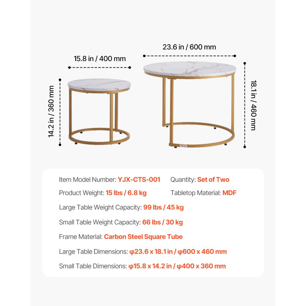 VEVOR Nesting Coffee Table Set of 2, 23.6 in Round Coffee Table, Nesting Tables for Small Place, Vintage End Side Tables Night Stand with Metal Frame, for Living Room, Bedroom, Office (White & Gold)