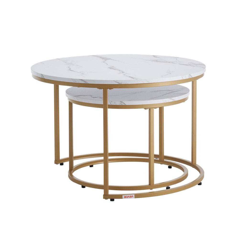 VEVOR Nesting Coffee Table Set of 2, 27.6 in Round Coffee Table, Nesting Tables for Small Place, Vintage End Side Tables Night Stand with Metal Frame, for Living Room, Bedroom, Office (White & Gold)