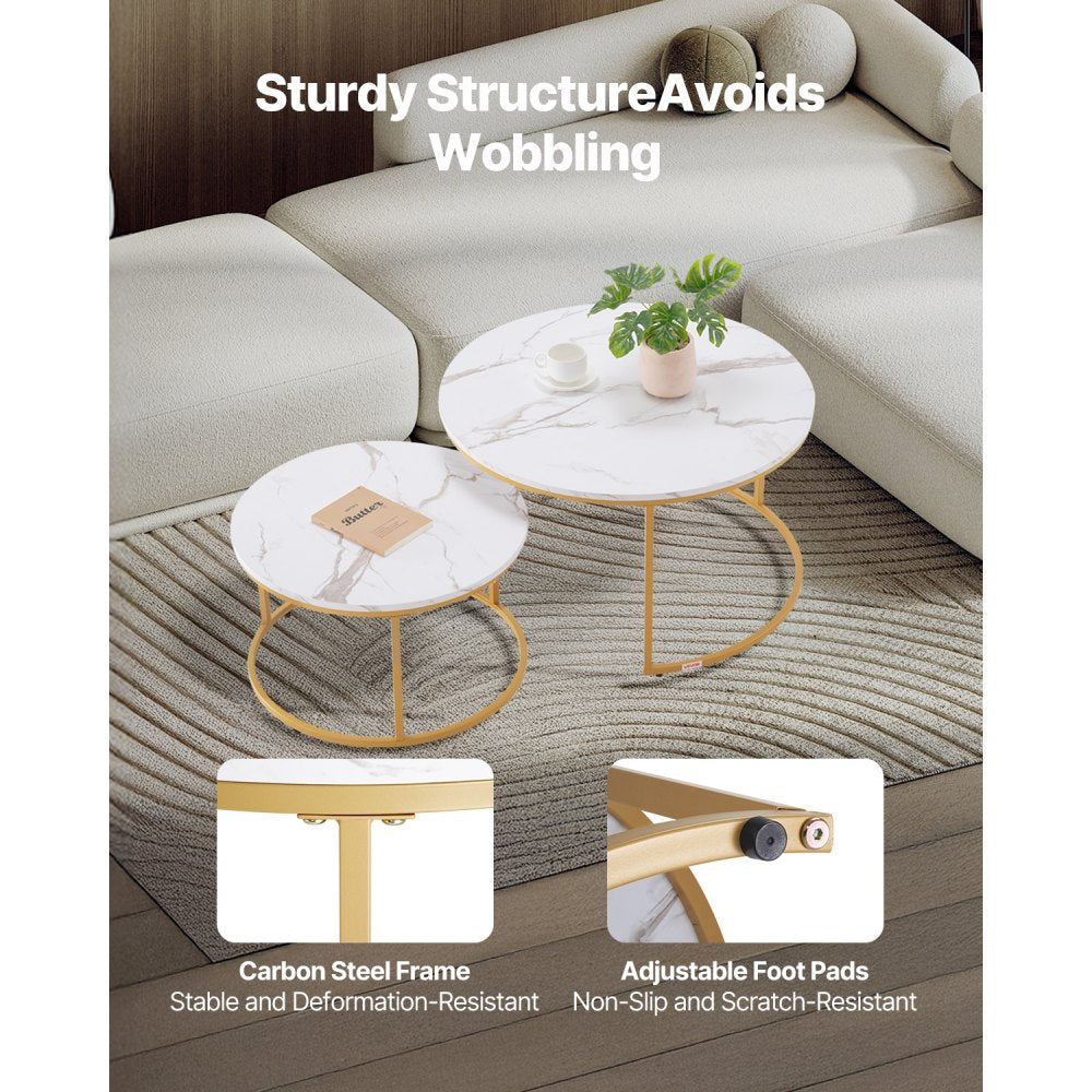 VEVOR Nesting Coffee Table Set of 2, 31.5 in Round Coffee Table, Nesting Tables for Small Place, Vintage End Side Tables Night Stand with Metal Frame, for Living Room, Bedroom, Office (White & Gold)