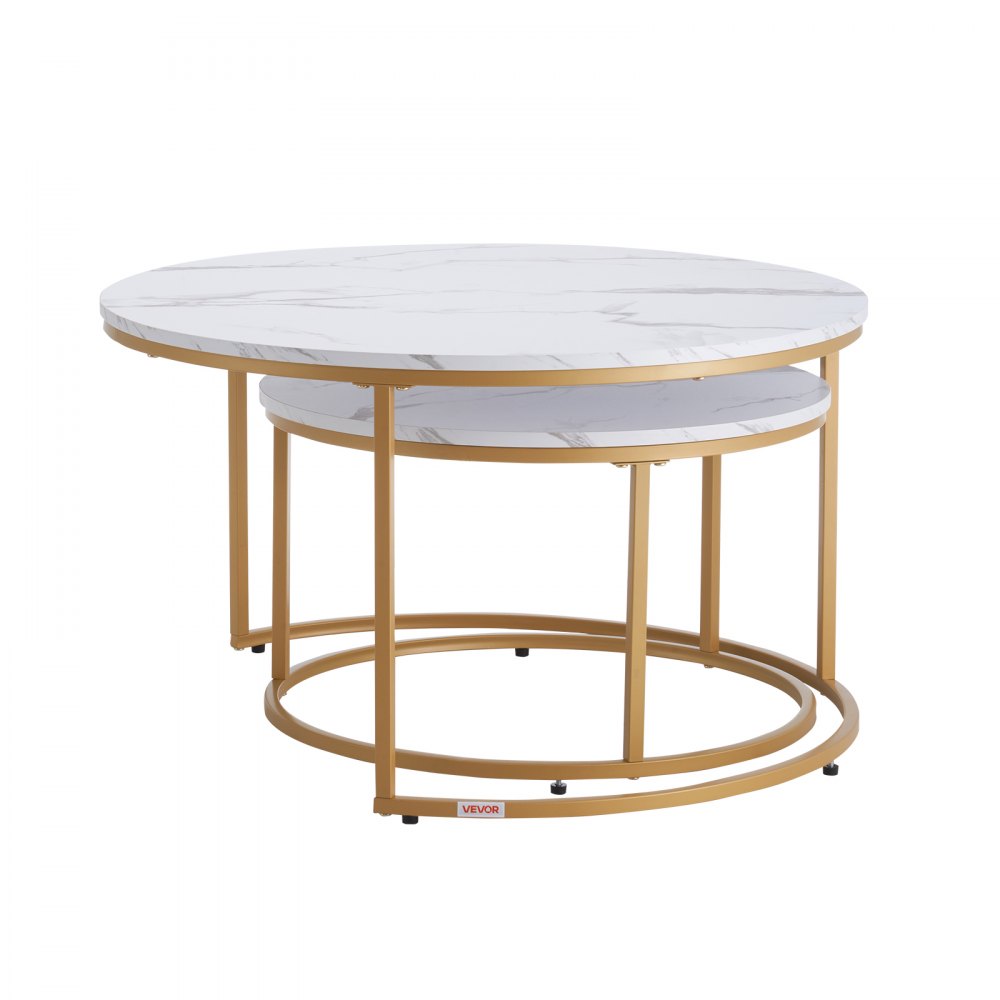 VEVOR Nesting Coffee Table Set of 2, 31.5 in Round Coffee Table, Nesting Tables for Small Place, Vintage End Side Tables Night Stand with Metal Frame, for Living Room, Bedroom, Office (White & Gold)