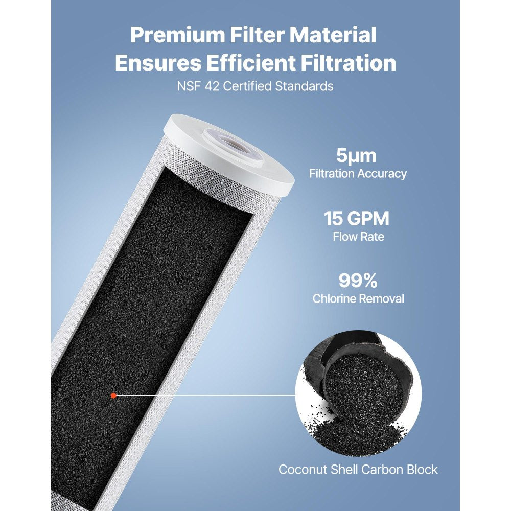VEVOR Whole House Water Filter Replacement Cartridge, 4.5" x 20" CTO Carbon Block, Replacement Filter for 3-Stage Whole Home Water Filtration System, Reduce Chlorine, Bad Taste, Odor, 2 Pack
