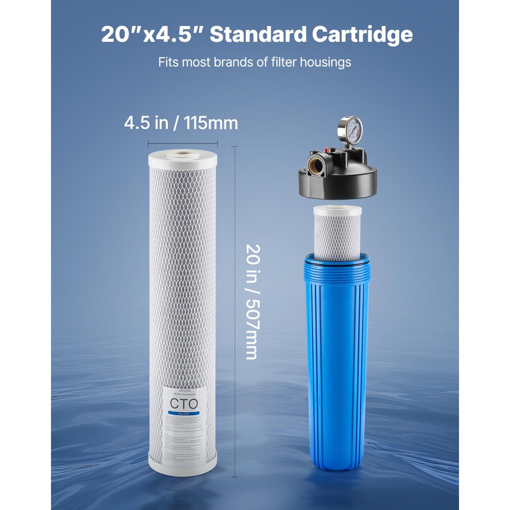 VEVOR Whole House Water Filter Replacement Cartridge, 4.5" x 20" CTO Carbon Block, Replacement Filter for 3-Stage Whole Home Water Filtration System, Reduce Chlorine, Bad Taste, Odor, 2 Pack
