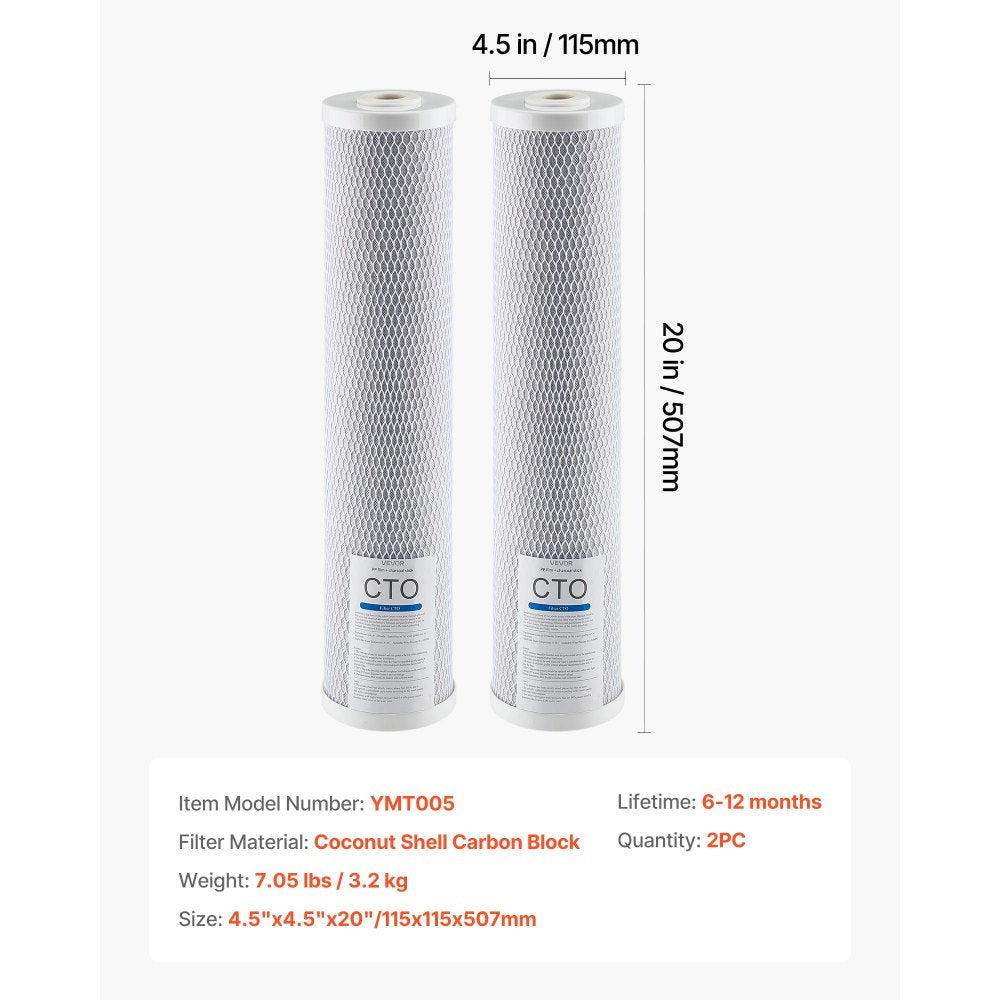 VEVOR Whole House Water Filter Replacement Cartridge, 4.5" x 20" CTO Carbon Block, Replacement Filter for 3-Stage Whole Home Water Filtration System, Reduce Chlorine, Bad Taste, Odor, 2 Pack