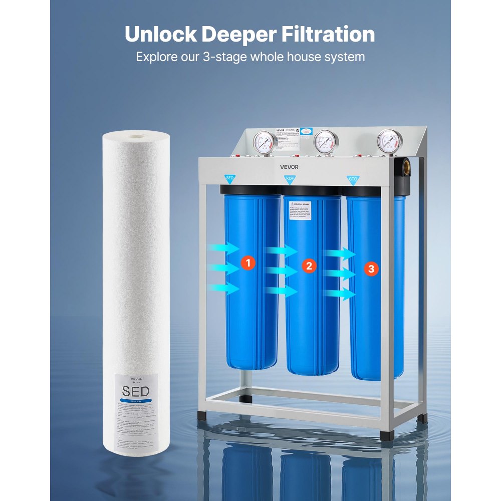 VEVOR Whole House Water Filter Replacement Cartridge, 4.5" x 20" Polypropylene Sediment Filter for 3-Stage Whole Home Water Filtration System, Reduce Sand, Rust, Chlorine, Bad Taste, Odor