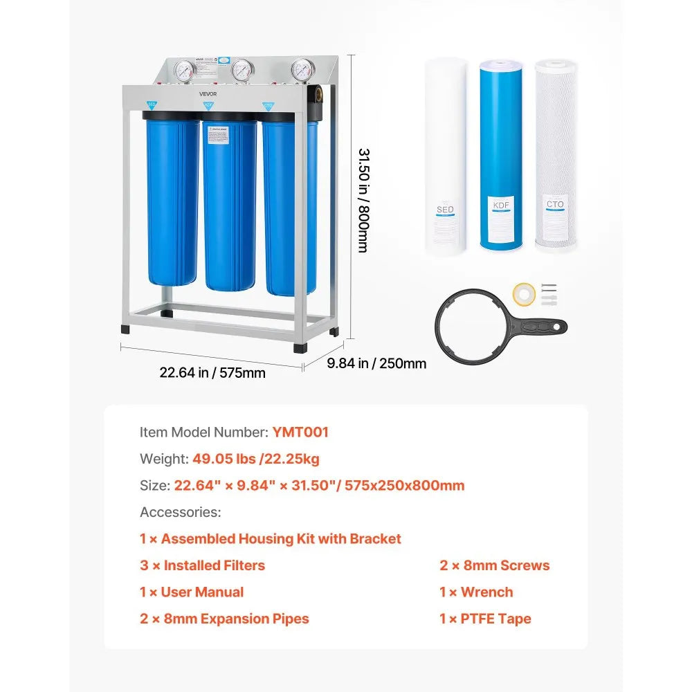 VEVOR whole house filter system dimensions and included accessories overview