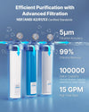 VEVOR advanced filtration performance: 5μm accuracy, 99% chlorine removal, 100,000 gallon capacity, 15 GPM