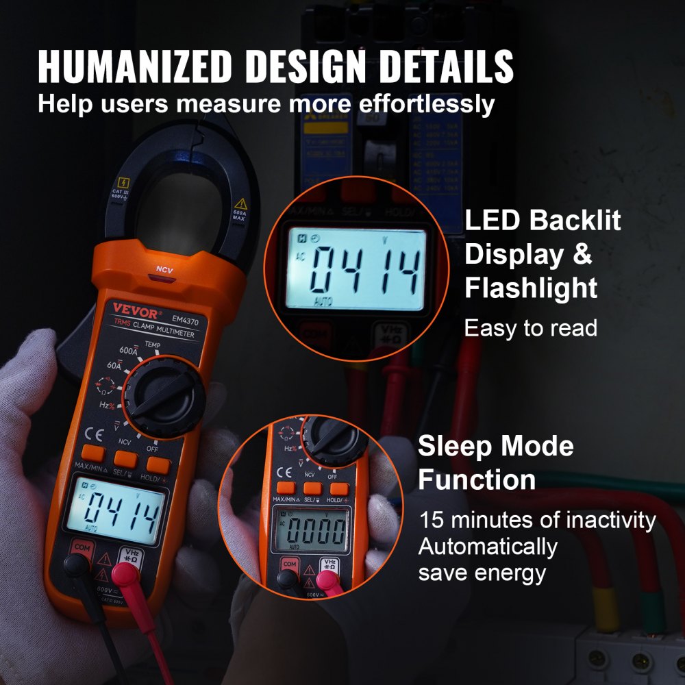VEVOR Digital Clamp Meter, T-RMS 6000 Counts, 600A Multimeter for Current, Voltage, Resistance, Diodes & Continuity Testing, Data Hold Function, NCV Feature for Domestic & Railway Maintenance