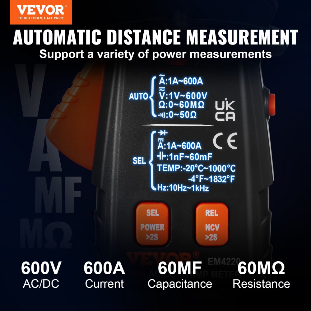 VEVOR Digital Clamp Multimeter, T-RMS 6000 Count, 600A, for Current, Voltage, Resistance, Diodes & Continuity Testing, Data Hold, NCV, Ideal for Domestic Appliances & Railway Maintenance