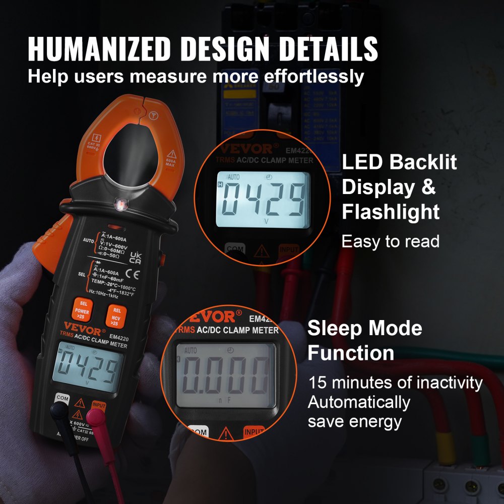 VEVOR Digital Clamp Multimeter, T-RMS 6000 Count, 600A, for Current, Voltage, Resistance, Diodes & Continuity Testing, Data Hold, NCV, Ideal for Domestic Appliances & Railway Maintenance