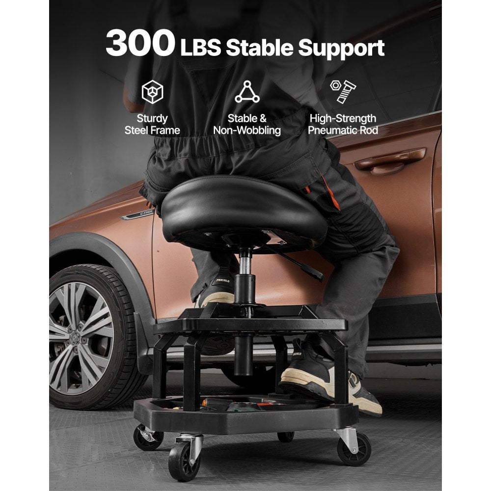 VEVOR Rolling Shop Stool, Pneumatic Garage Seat/Work Stool with 300 lbs Capacity, Adjustable Height Roller Creeper Seat, 360° Swivel Padded Workshop Stool with Casters, for Garage, Shop & Auto Repair