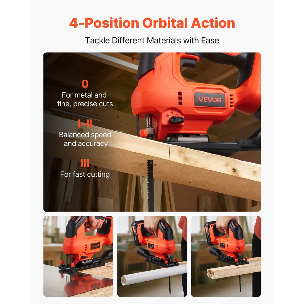 VEVOR Cordless Jig Saw, 20 V, 3000 SPM Blade Speed, Cordless Jigsaw with Battery and Charger, LED Light, 6 Variable Speed, 0- 45° Bevel Cuts, with 6 pcs Blades, 4 Orbital Settings, for Wood, Metal